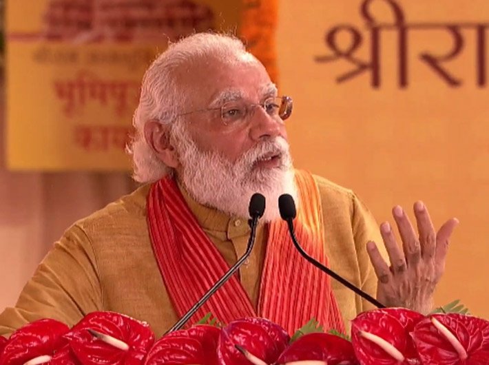 A video grab of prime minister Narendra Modi`s address after the Bhumi Pujan ceremony in Ayodhya on Wednesday