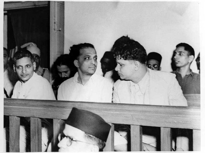 Nathuram Godse (extreme left) during Mahatma Gandhi`s assassination trial in a  special court in Red Fort Delhi on May 27, 1948