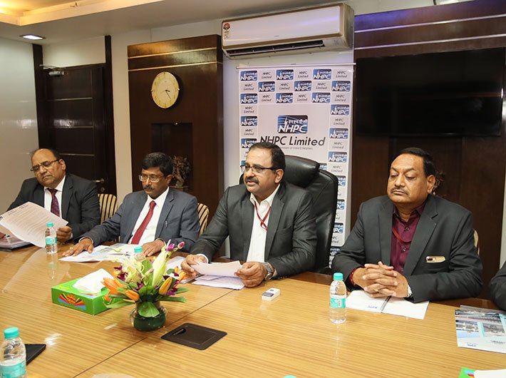Balraj Joshi, CMD, NHPC addressing media persons to highlight latest achievements of NHPC in New Delhi March 11, in the presence of Ratish Kumar, Director (Projects), N.K. Jain, Director (Personnel), M.K. Mittal, Director (Finance) and Janardan Choudhary, Director (Technical) from NHPC