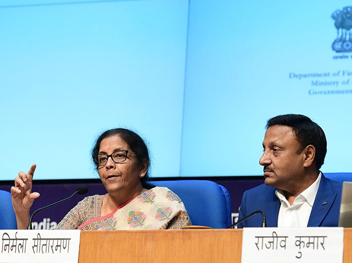 Finance minister Nirmala Sitharaman making a presentation on consolidation in the public sector banking on Friday