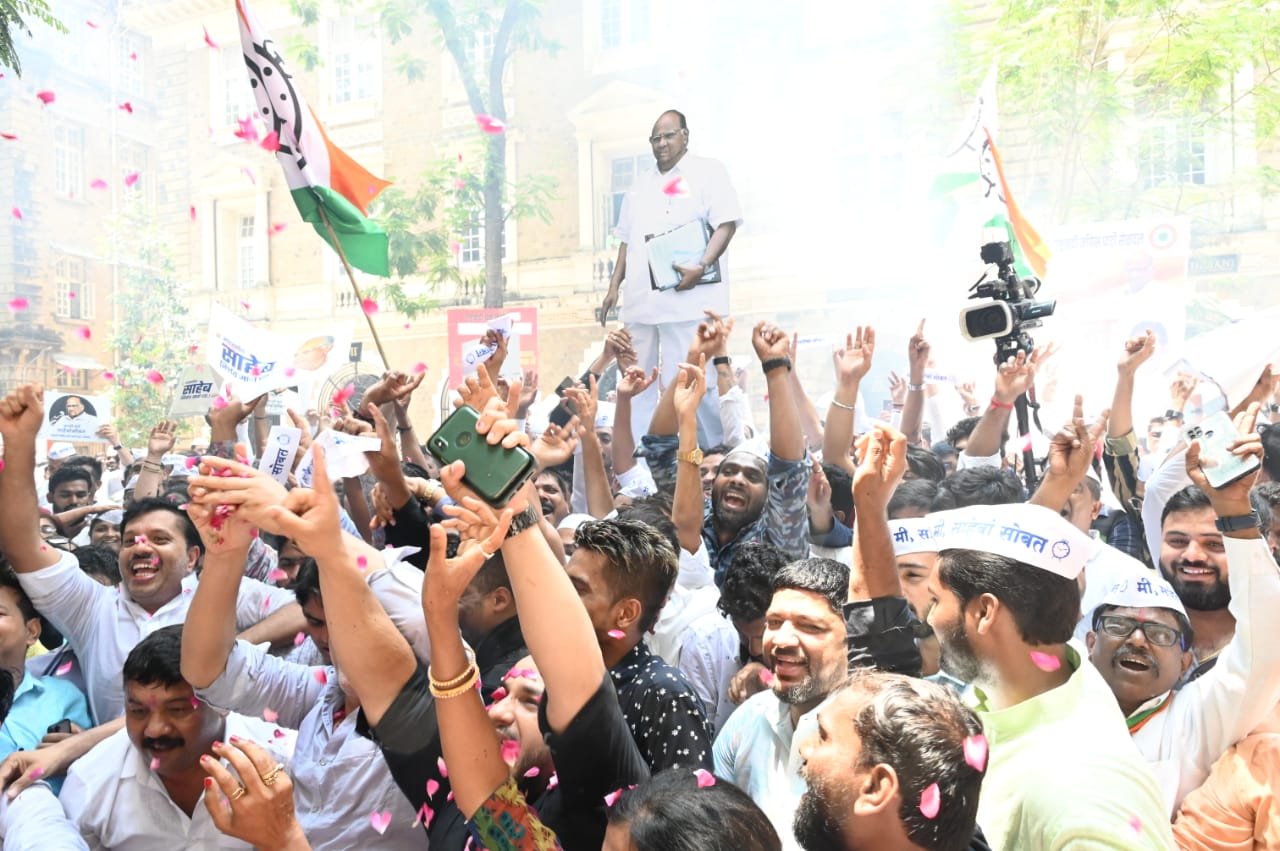As NCP chief Sharad Pawar announced he won`t step down as party head, supporters are jubilant outside his residence in Mumbai on Friday (pic courtesy: NCP)