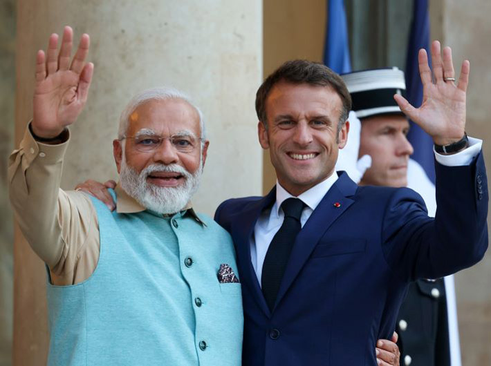 PM Narendra Modi with French president Emmanuel Macron, in Paris on July 12