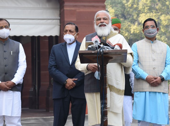 Prime minister Narendra Modi addressing the media ahead of the Budget Session of Parliament