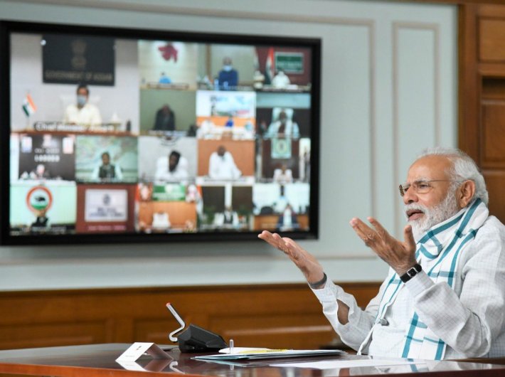 PM Narendra Modi talking with the chief ministers during their fourth video conference Monday morning.