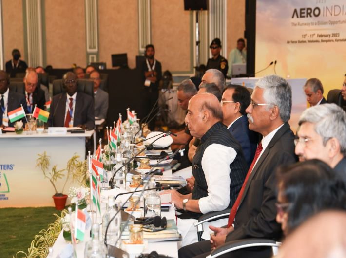 Defence minister Rajnath Singh hosting the Defence Ministers’ Conclave on the sidelines of Aero India 2023, in Bengaluru on Tuesday