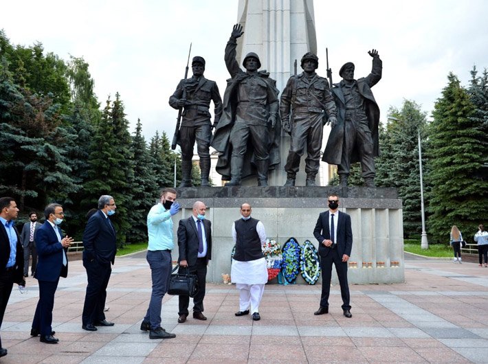 Defence Minister Rajnath Singh at Victory Park that commemorates the victory of Soviet people in the great Patriotic War of 1941-45, in Moscow on June 24.