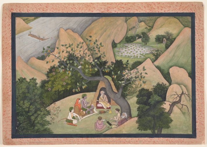 Rama, Sita, and Lakshmana at the Hermitage of Bharadvaja: in Kangra style, ca. 1780 (Image courtesy: https://www.metmuseum.org/art/collection/search/37955)