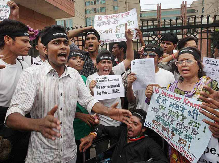 Protestors call for death for the December 16 rapists outside Saket district court, where four of the six were convicted on September 10.