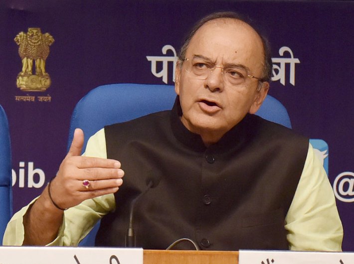   Arun Jaitley, union minister for finance, corporate affairs and defence, addressing a press conference on the achievements of the ministry of finance during 3 years of NDA government