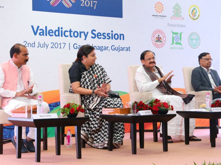 (Left to Right) Minister of state for textiles, Ajay Tamta, union minister for textiles, Smriti Irani, union minister for urban development, housing & urban poverty alleviation and information & broadcasting, M Venkaiah Naidu, and vice chairman, NITI Aayog, Arvind Panagariya at the valedictory session of Textiles India 2017, in Gandhinagar, Gujarat on July 02, 2017