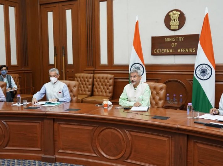 External affairs minister S Jaishankar and ministry officials during an online meet this month (file photo)