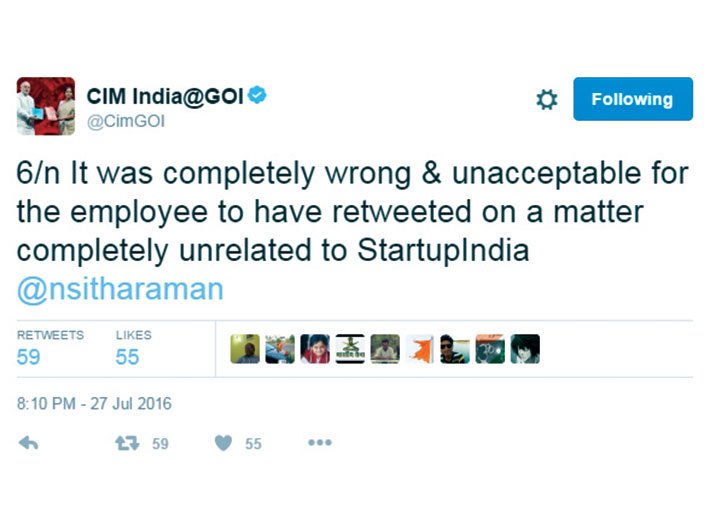 Clarification issued by commerce minister Nirmala Sitharaman after the official account of Start-up India retweeted two questionable posts 