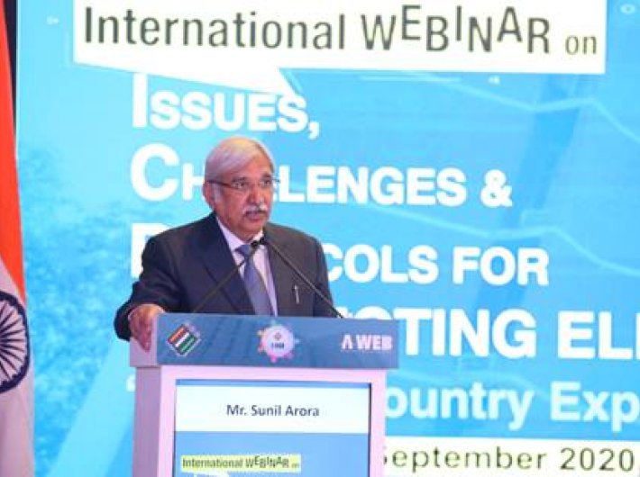Ibdia`s chief election commissioner Sunil Arora addressing the internation webinar on Monday