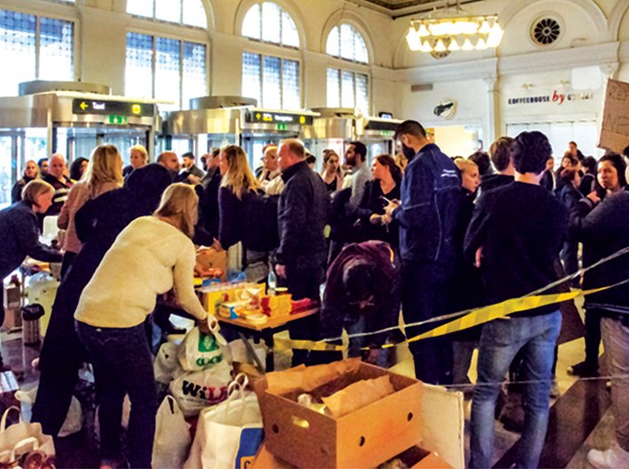 Refugees from Syria at Stockholm Central Station by train through Denmark and Malmo in September 2015.