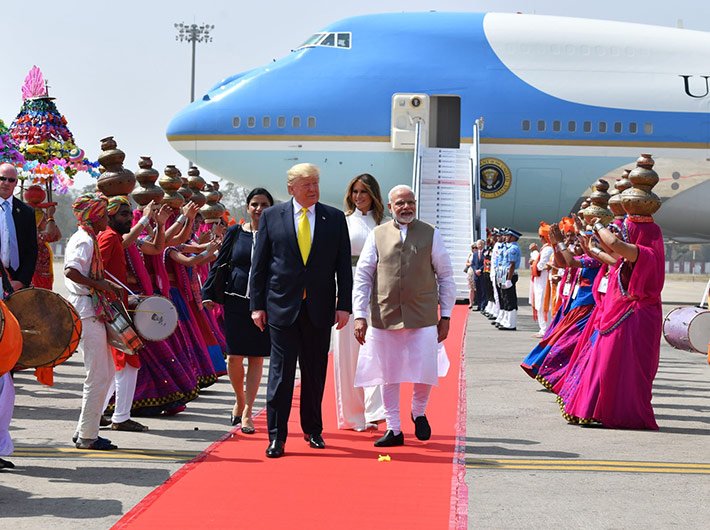 President Donald Trump and first lady Melania Trump began their India visit from Ahmedabad Monday, where they were welcomed by prime minister Narendra Modi.