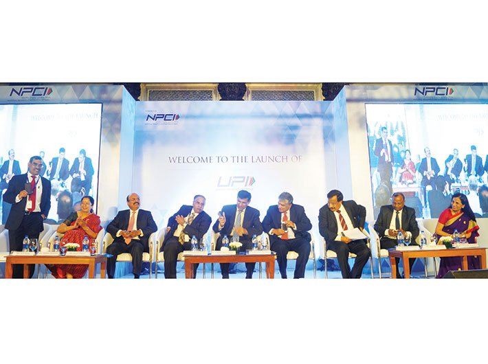 Raghuram Rajan with various banks members at the launch of UPI in Mumbai