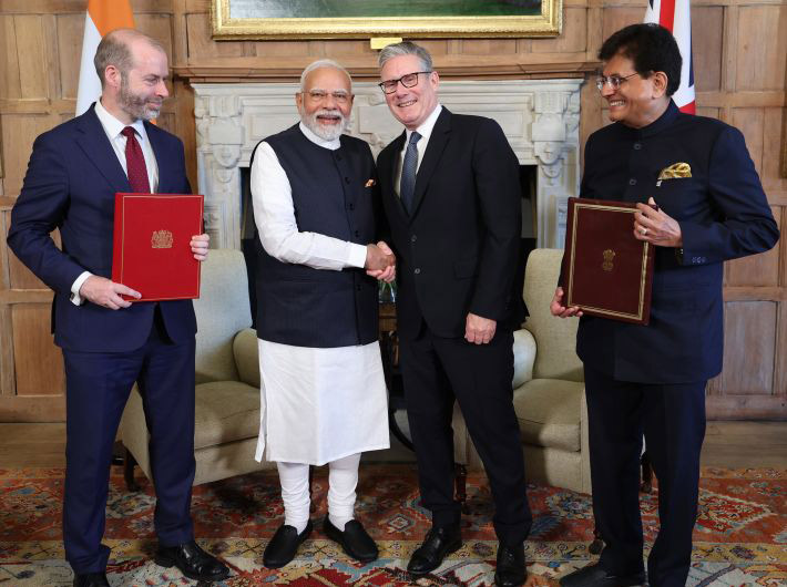 Prime Ministers Narendra Modi and Keir Starmer witnessing the exchange ceremony of Comprehensive Economic and Trade Agreement (CETA) in London on July 24, 2025
