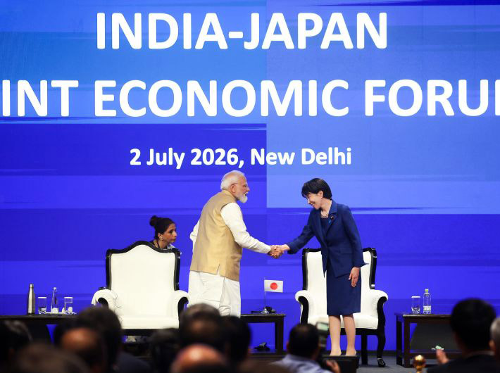 PM Narendra Modi and his Japanese counterpart, Sanae Takaichi, at the India-Japan Joint Economic Forum in New Delhi on Thursday