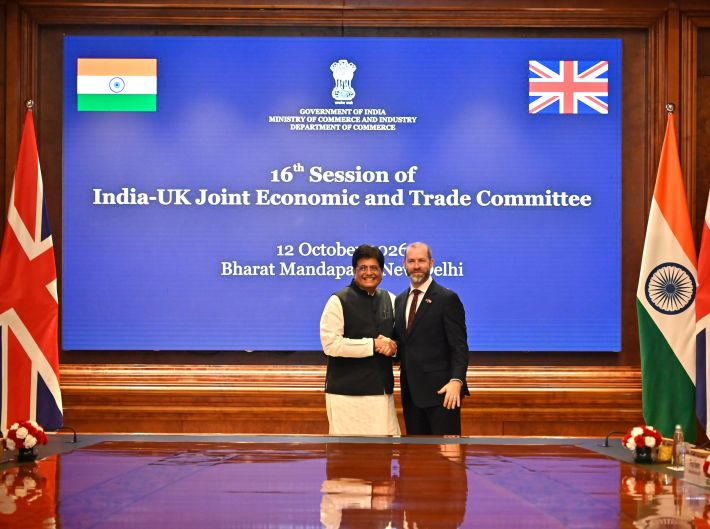 Commerce and industry minister Pyush Goyal with UK secretary of state for business, innovation, science and trade Jonathan Reynolds at the 16th meeting of the India-UK Joint Economic and Trade Committee (JETCO) in New Delhi on Monday