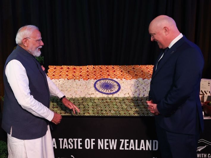 PM Narendra Modi with his New Zealand counterpart Christopher Luxon in Aukland on July 11.